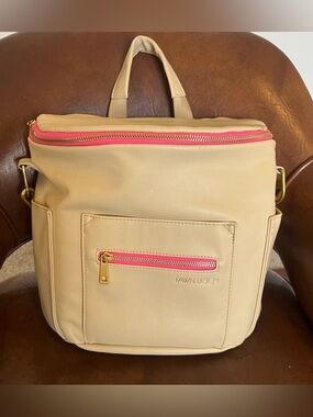 FAWN DESIGN The Original Diaper Bag, Faux Leather Backpack Tan and Pink 11x11